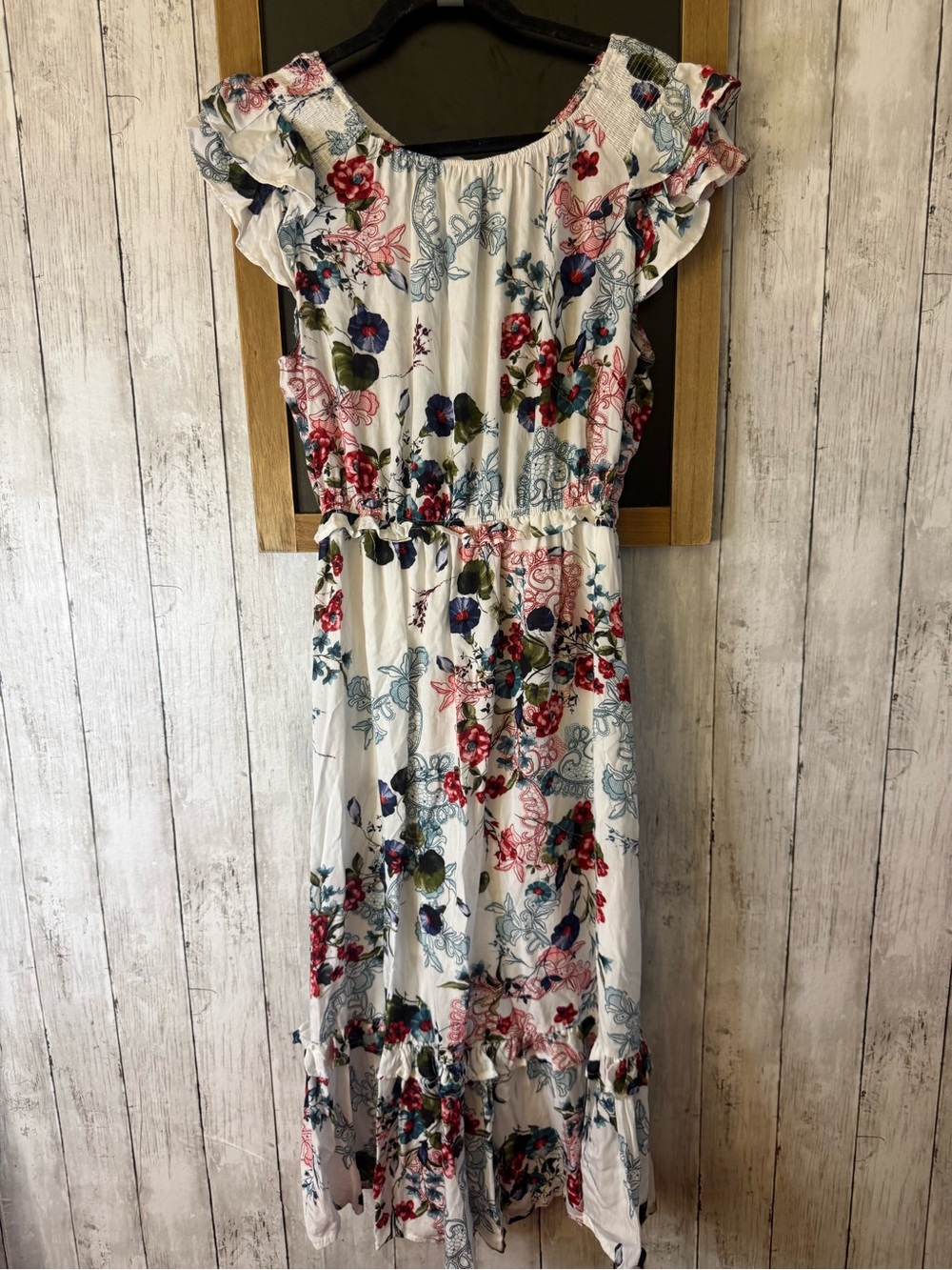 Lapis Womens Medium Floral Maxi Dress White Navy Sleeveless V Neck Tiered Boho